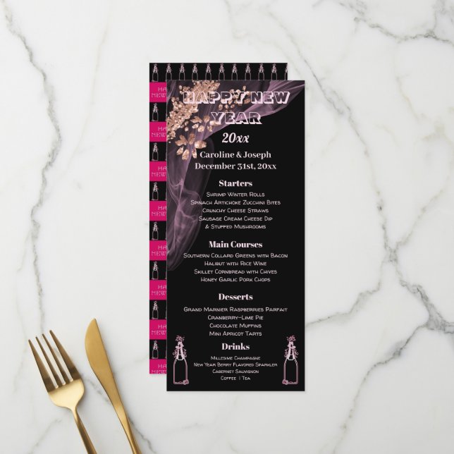 Black Rose Gold New Year Menu & Bubbly Champagner Menükarte (Vorderseite/Rückseite Beispiel)