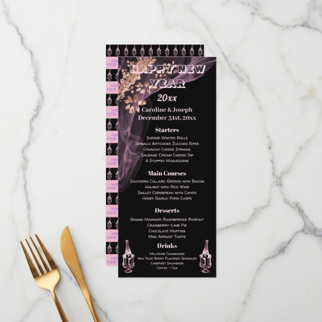 Black & Rose Gold New Year Menu & Champagne Menükarte (Vorderseite/Rückseite Beispiel)