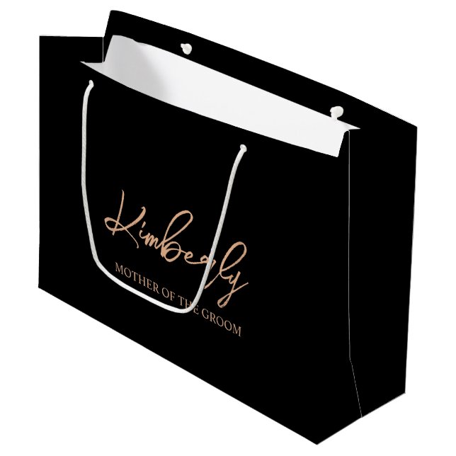 Black & Rose Gold Personalisierter Name für Hochze Große Geschenktüte (Vorderseite Schrägansicht)