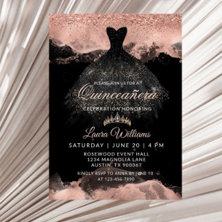 Black & Rose Gold Princess Dress Quinceañera Einladung