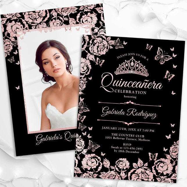 Black Rose Gold Rose Quinceanera Foto Einladung (Von Creator hochgeladen)