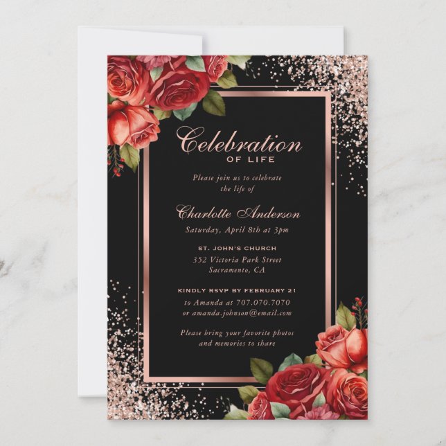 Black Rose Gold Rote Rose Foto Feier des Lebens Einladung (Vorderseite)