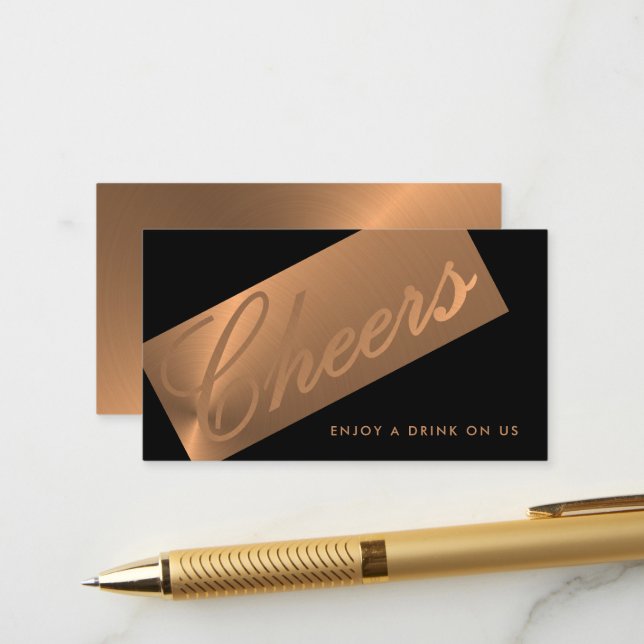 Black & Rose Gold Script "Cheers" Drink Ticket Begleitkarte (Vorderseite/Rückseite Beispiel)