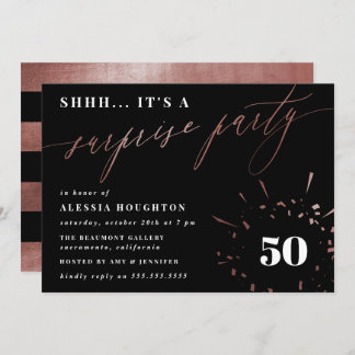 Black & Rose Gold Script Überraschung Party Einladung