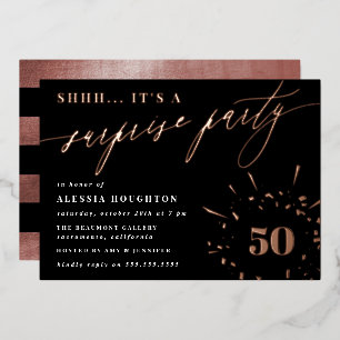 Black & Rose Gold Script Überraschung Party Folieneinladung