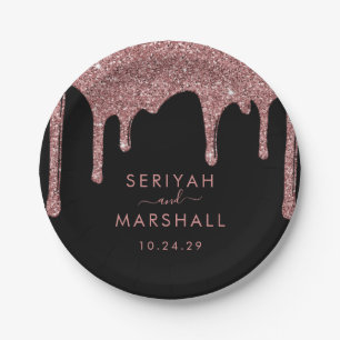 Black Rose Gold Sparkle Glitzer Tropfen Hochzeit Pappteller