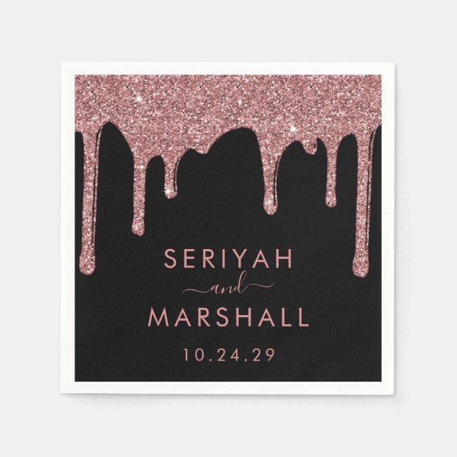 Black Rose Gold Sparkle Glitzer Tropfen Hochzeit Serviette (Vorderseite)