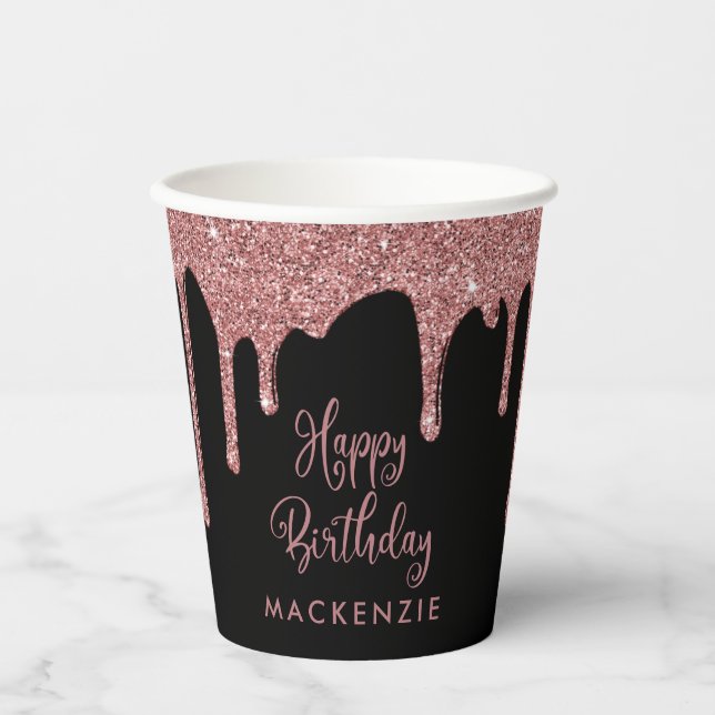 Black Rose Gold Sparkone Glitzer Tropfen Geburtsta Pappbecher (Vorderseite)