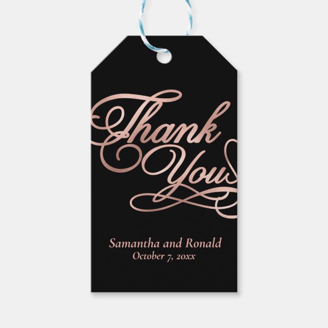 Black & Rose Gold Thank You Calligraphy Wedding Geschenkanhänger (Vorderseite)
