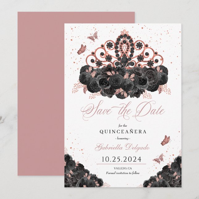 Black & Rose Gold Tiara Save the Date Quinceañera Einladung (Vorne/Hinten)