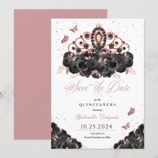 Black & Rose Gold Tiara Save the Date Quinceañera Einladung