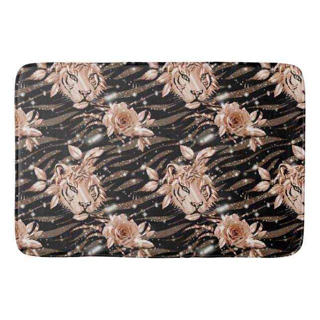 Black Rose Gold Tiger Floral Badematte (Vorderseite)