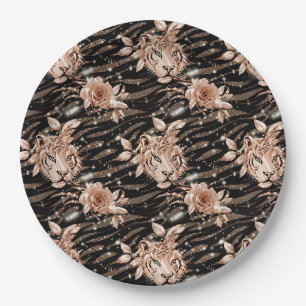 Black Rose Gold Tiger Floral Pappteller