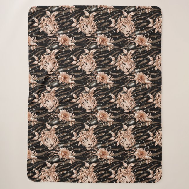 Black Rose Gold Tiger Floral Sherpadecke (Vorderseite)