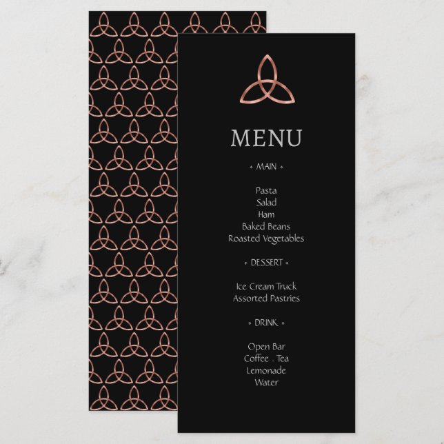 Black Rose Gold Trinity Celtic Knot Wedding Menu Menükarte (Vorne/Hinten)