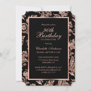 Black Rose Gold Vintag Floral 90. Geburtstag Einladung