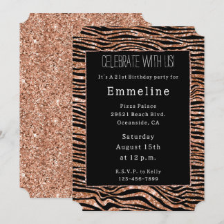 Black Rose Gold Zebra Glitzer Einladung