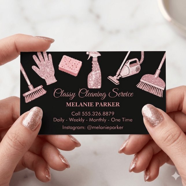Black & Rose pink Glitter Classy Cleaning Services Visitenkarte (Von Creator hochgeladen)