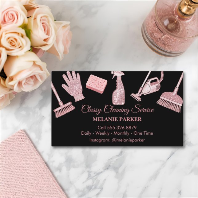 Black & Rose pink Glitter Classy Cleaning Services Visitenkarte (Von Creator hochgeladen)