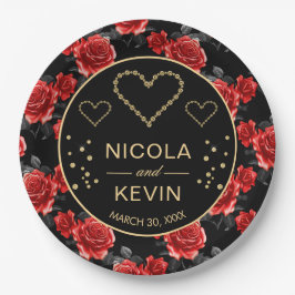 Black & Rote Rose Pattern & Gold Diamonds Wedding Pappteller