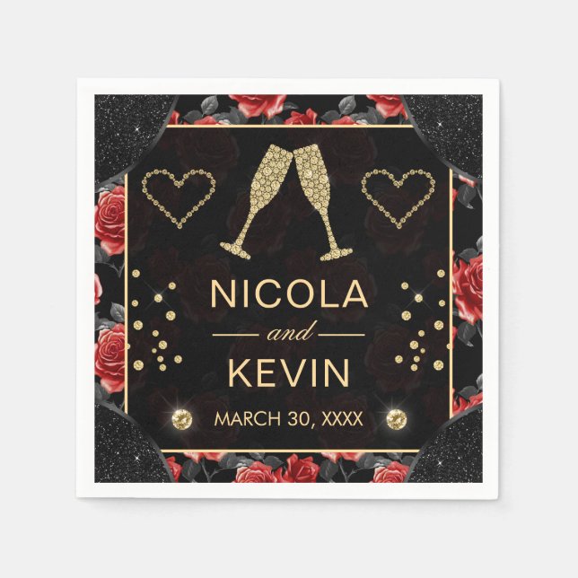 Black & Rote Rose Pattern & Gold Diamonds Wedding Serviette (Vorderseite)