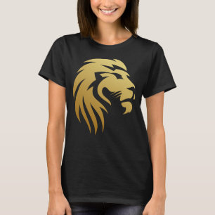 Black Round Neck T - Shirt mit Gold Lion Face Prin