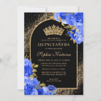 Black Royal Blue Gold Glitzer Floral Quinceanera
