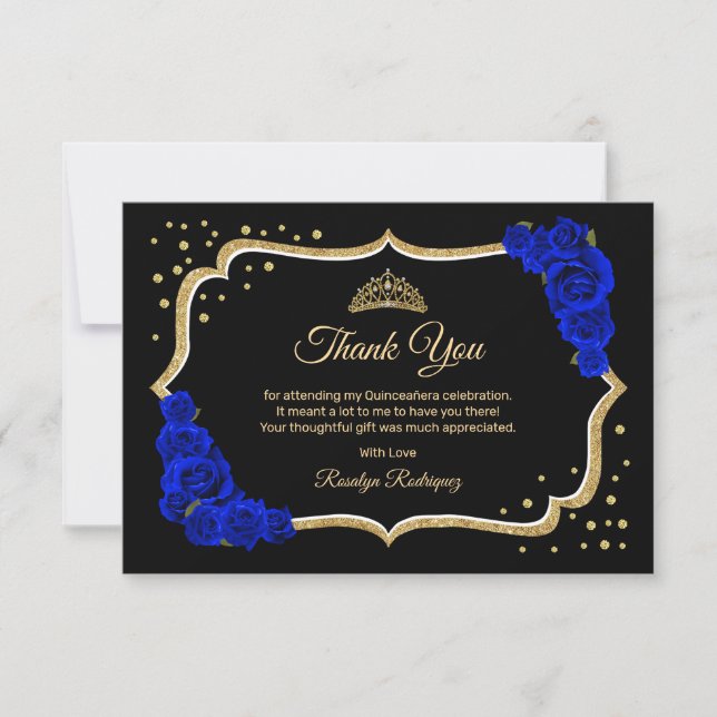 Black Royal Blue Gold Quinceanera Dankeskarte (Vorderseite)