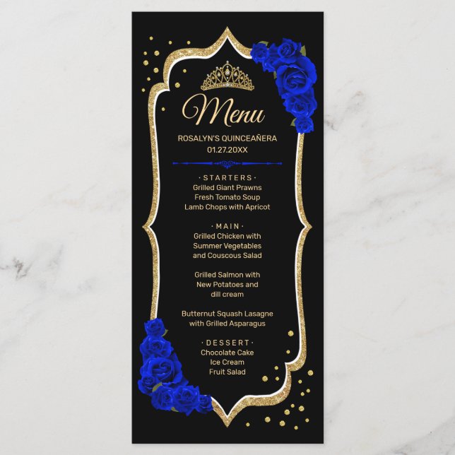 Black Royal Blue Gold Quinceanera Menükarte (Vorderseite)