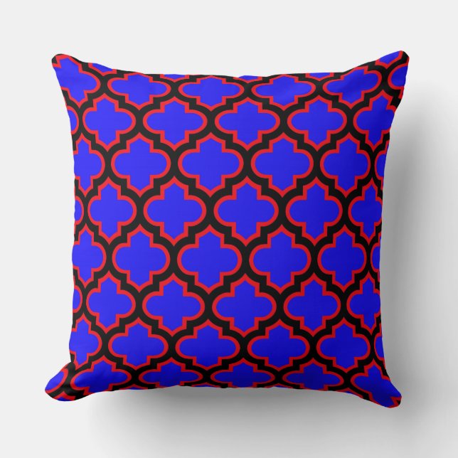 Black Royal Blue Red Quatrefoil Trellis Pillow Kissen (Vorderseite)