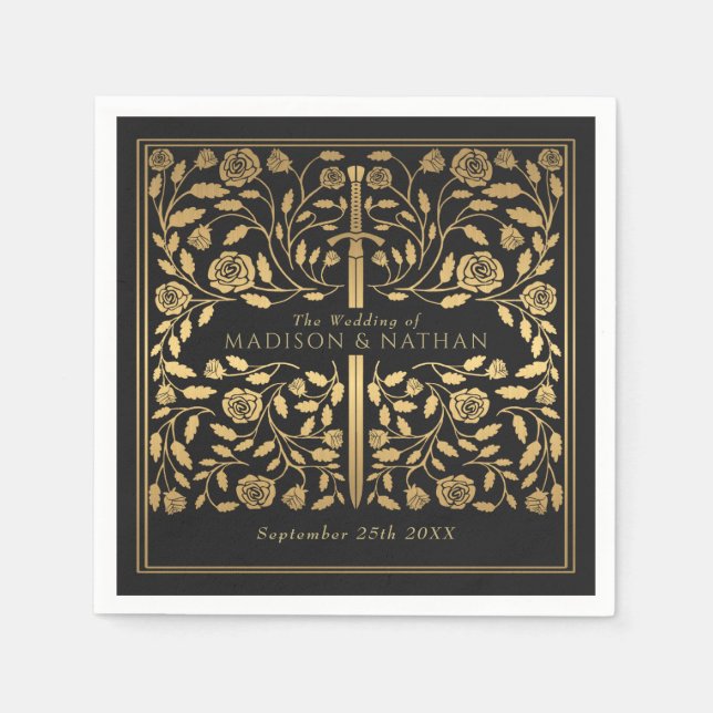 Black Royal Medieval Gold Sword Wedding Serviette (Vorderseite)