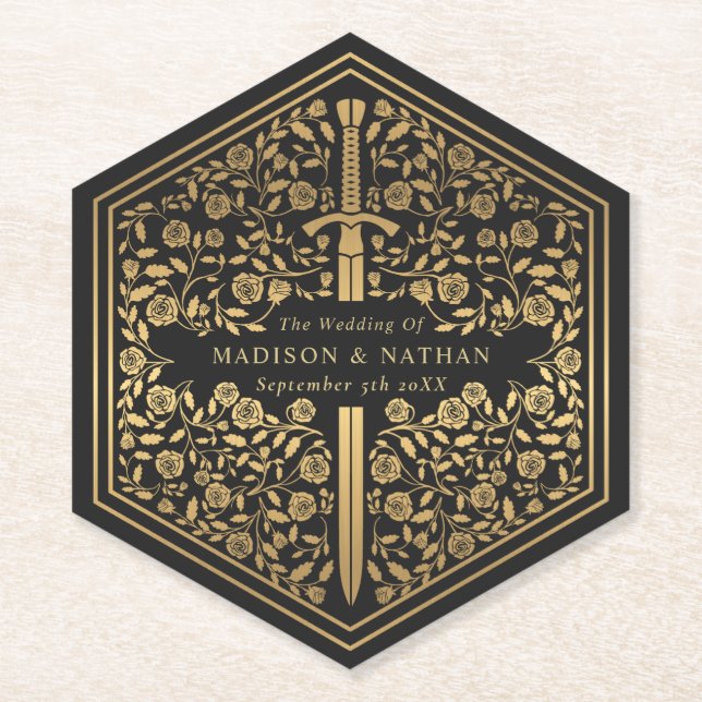 Black Royal Mittelalterliches Schwert Hochzeitspap Untersetzer (Vorderseite)