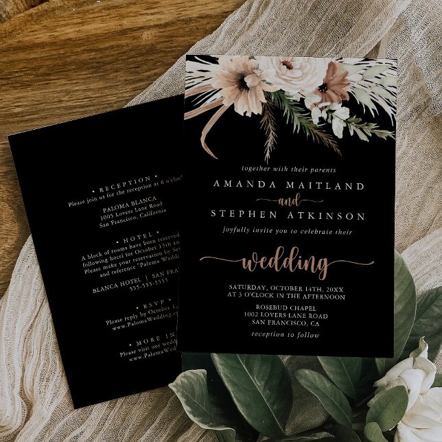 Black Rustic Boho Floral Front & Back Wedding Einladung (Von Creator hochgeladen)