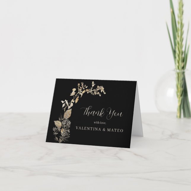 Black Rustic botanische Blätter Hochzeit Vielen Da Dankeskarte (Vorderseite)