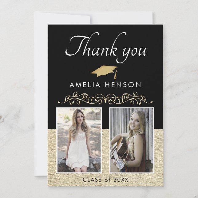 Black Rustic Elegante Ornament 2 Foto Abschluss Dankeskarte (Vorderseite)