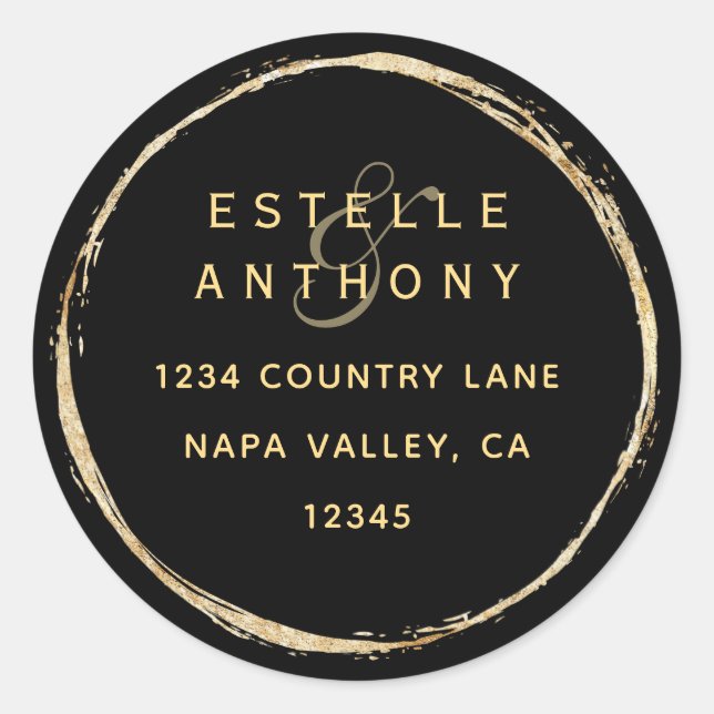 Black Rustic Gold Circle Ampere und Rücksendeadres Runder Aufkleber (Vorderseite)