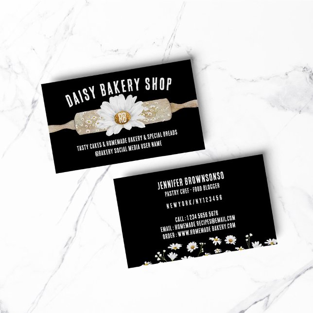 Black Rustic Style Daisy Blume Bäckerei Visitenkarte (BAKERY PASTRY CHEF COOK CAKE event planner business)