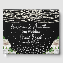 Black Rustic White Roses String Lights Wedding Gästebuch