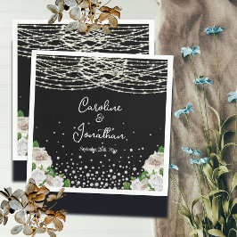Black Rustic White Roses String Lights Wedding Serviette