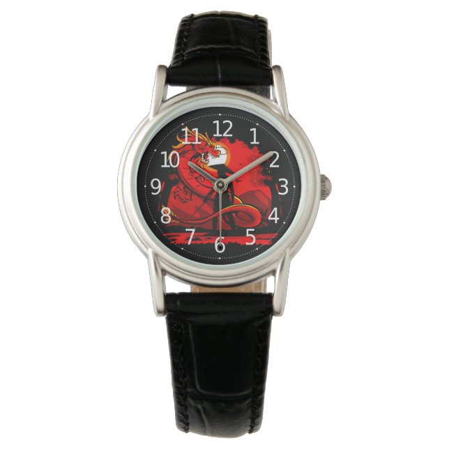 Black Samurai Red Dragon japanische Style Artwork  Armbanduhr (Vorderseite)