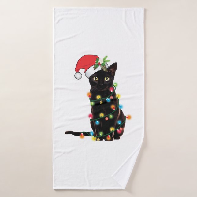 Black Santa Cat Tangled Up (Serviette de bain)