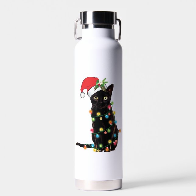 Black Santa Cat Tangled Up In Lights Christmas Trinkflasche (Vorne)