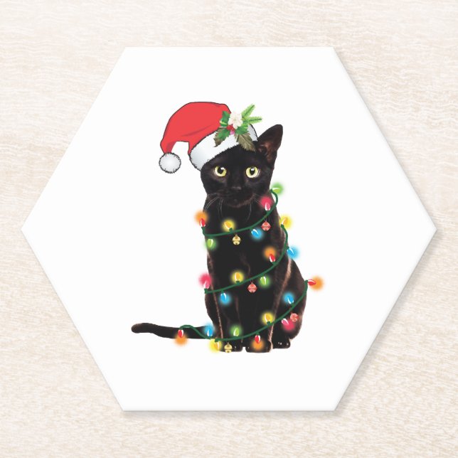Black Santa Cat Tangled Up In Lights Christmas Untersetzer (Vorderseite)
