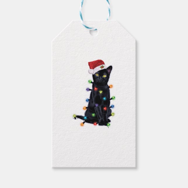 Black Santa Cat with christmas lights Geschenkanhänger (Vorderseite)