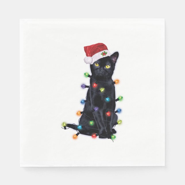Black Santa Cat with christmas lights Serviette (Vorderseite)