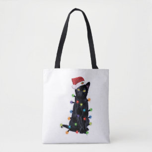 Black Santa Cat with christmas lights Tasche
