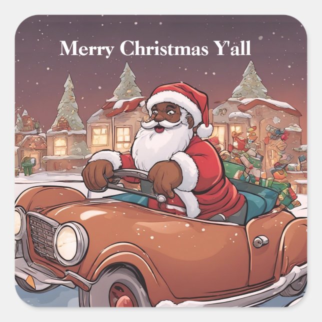 Black Santa Delivering Geschenke Niedlich Retro Au Quadratischer Aufkleber (Vorderseite)