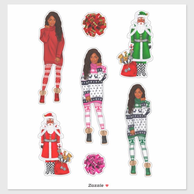 Black Santa Melanin Weihnachten Männer Frauen Kind Aufkleber (Blatt)