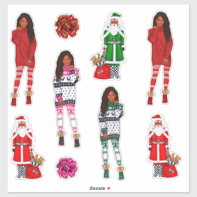 Black Santa Melanin Weihnachten Männer Frauen Kind Aufkleber (Blatt)
