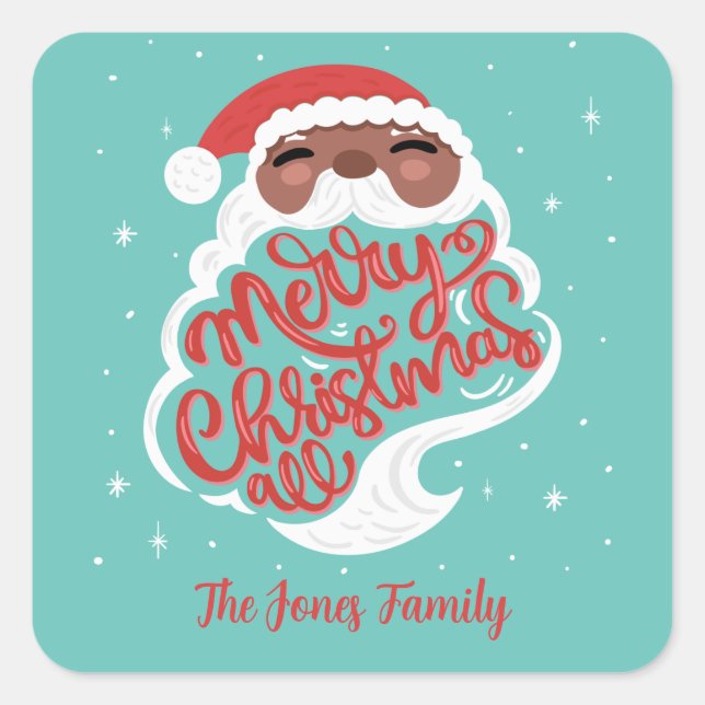 Black Santa Merry Weihnachten Alles, Familienname, Quadratischer Aufkleber (Vorderseite)